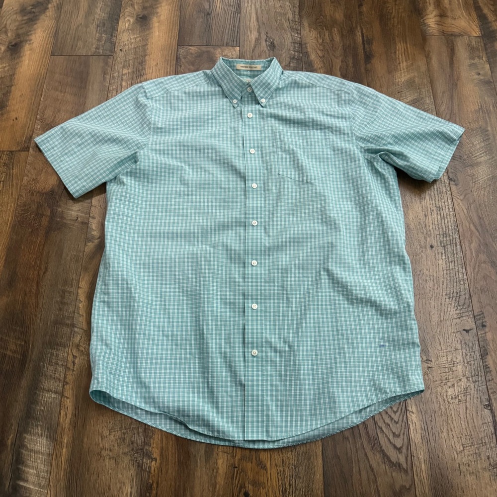 LL Bean Mens L Tall Teal Check Short Sleeve Wrinkle Resistant Button Down Shirt